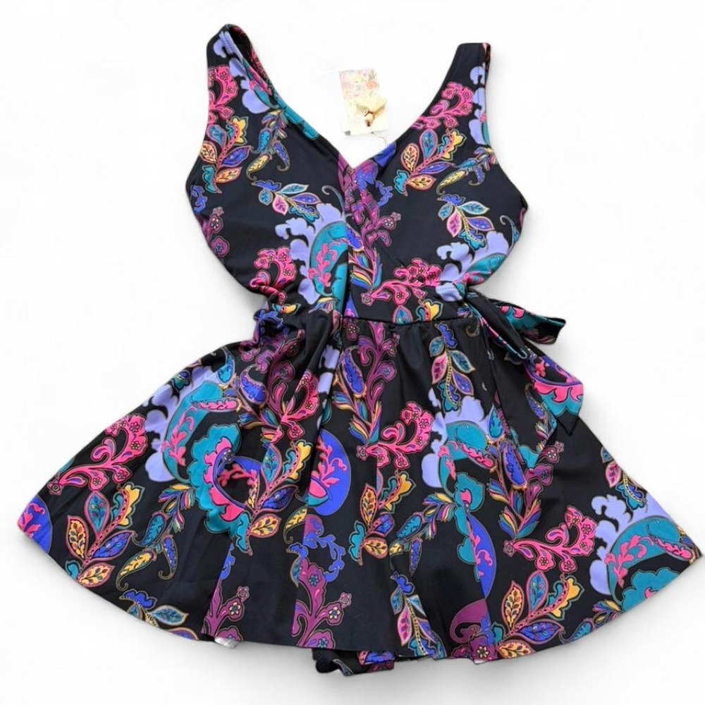 Johnny Was Black/Multi Paisley Floral Skirted One Piece Swimsuit, Women's Sz 1X